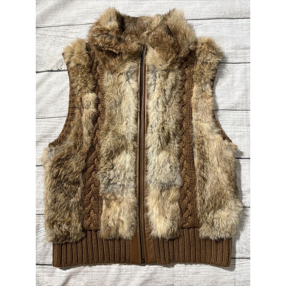 BCBG Max Azria Rabbit Fur Trim Knit Full Zip Sweater Vest Sz M